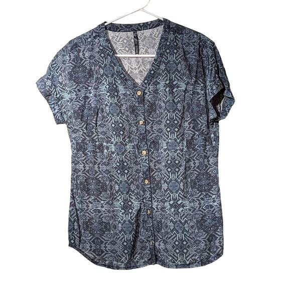 Kuhl Blue Aztec Print Button Front V-Neck Short Sleeve Lyocell Shirt Womens Sz M - Picture 1 of 12